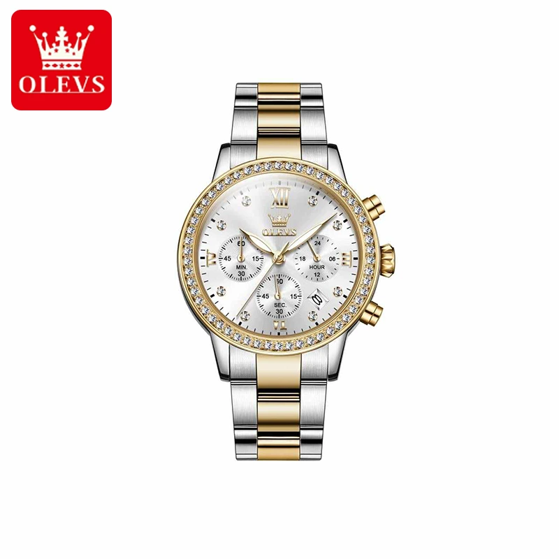 Olevs Luxury Stainless Steel Chronograph Wrist Watch For Women (White)